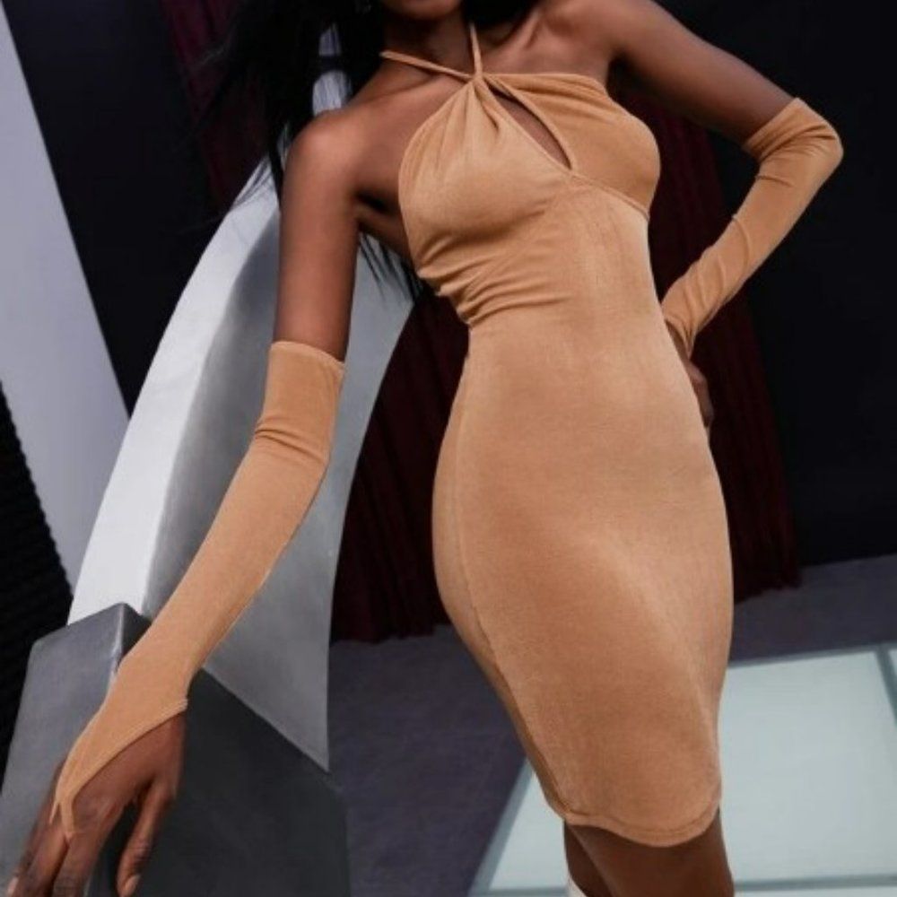 Halter neck Cut Out Front Bodycon Dress With Gloves NWT